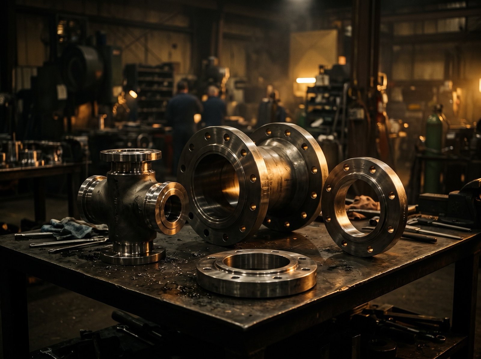 Machined API 6A wellhead components on a workbench