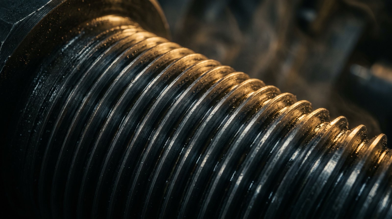 Macro detail of freshly cut API threads on a steel connector